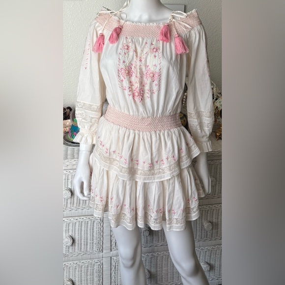 LoveShackFancy 100% Cotton Pop Over Skirt embroidered White & Pink Dress Size S - Picture 2 of 11